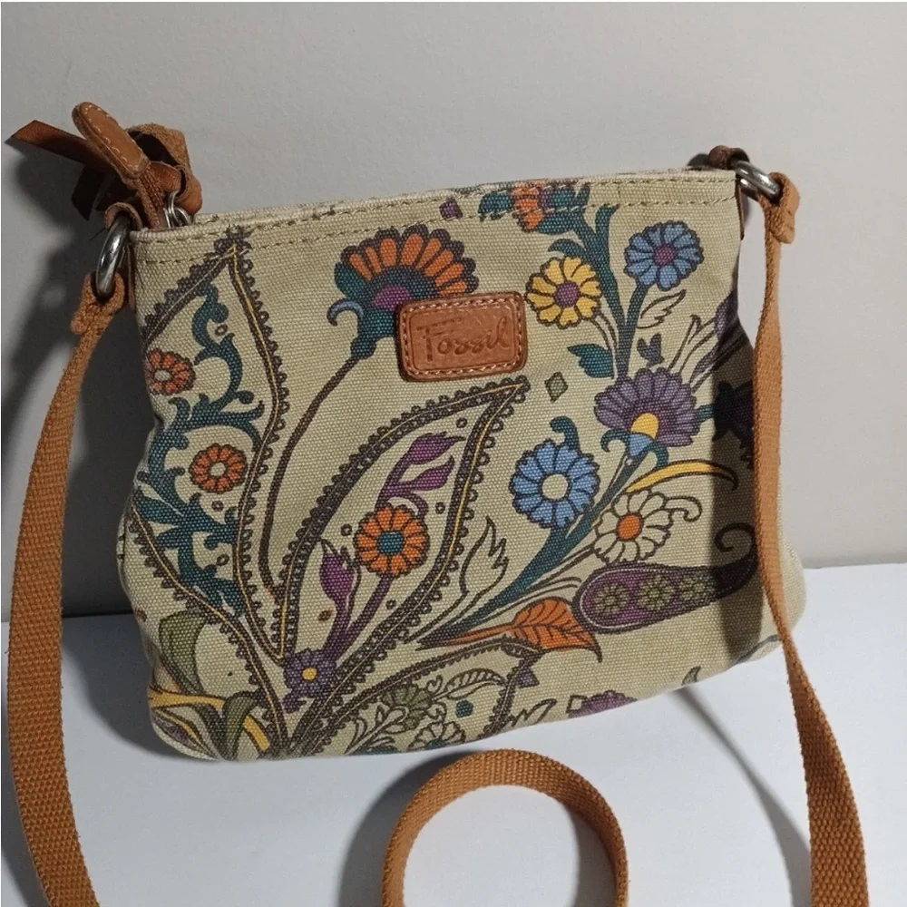 Fossil Vintage Cotton Floral Print Crossbody bag In Tan With Brown Leather Strap